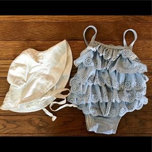 Newborn bathing suit with sun hat (free) EUC